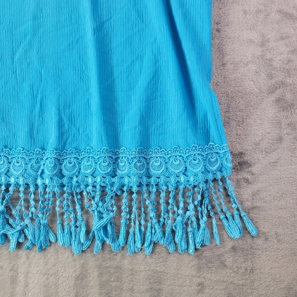 Superline Blue Fringe Hem Tunic‎ Top One Size Necklace Boho Crinkle Stretch USA - Picture 3 of 9